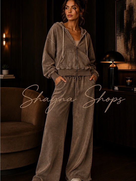 Zenana Outfitters Pants - Zenana Mocha Matching Set Wide-Leg Lounge Pants & Zip Hoodie
